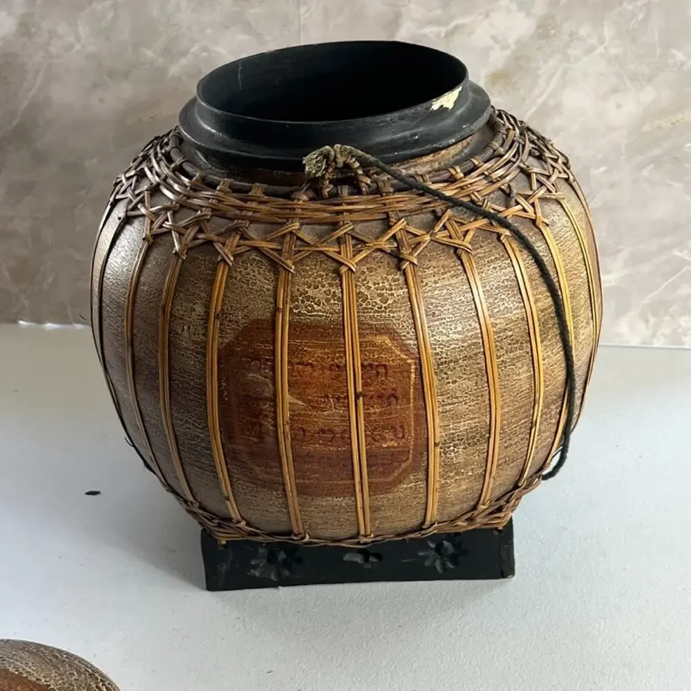 Round Oriental Asian Rice Jar Bamboo Hand Painted
